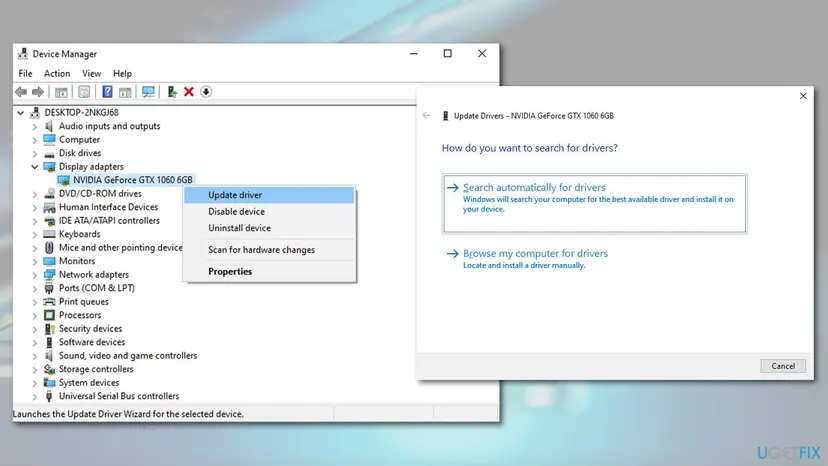 Device Manager and the Update Drivers window side by side on Windows 10, the first tool for any driver related blue screen