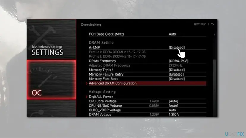 MSI motherboard BIOS on the OC page with the DRAM Setting section and A-XMP set to Disabled