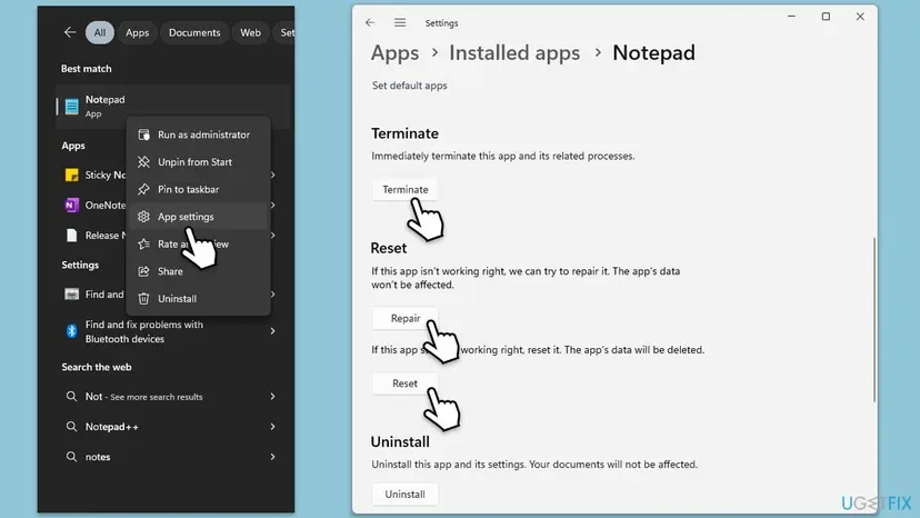 Windows 11 search with App settings in the Notepad menu, next to Settings at Apps, Installed apps, Notepad with the Terminate, Repair and Reset buttons