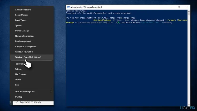 Windows 10 Start right-click menu with Windows PowerShell (Admin) selected and an administrator PowerShell window with the Get-AppXPackage command for windows.immersivecontrolpanel typed in
