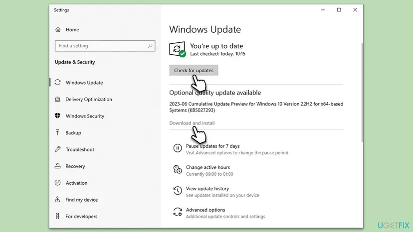 Windows 10 Settings at Update and Security, Windows Update, with the Check for updates button and an optional quality update with a Download and install link
