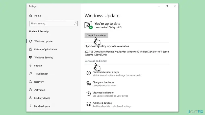 Windows 10 Settings at Update and Security, Windows Update, with the Check for updates button and an optional cumulative update with a Download and install link