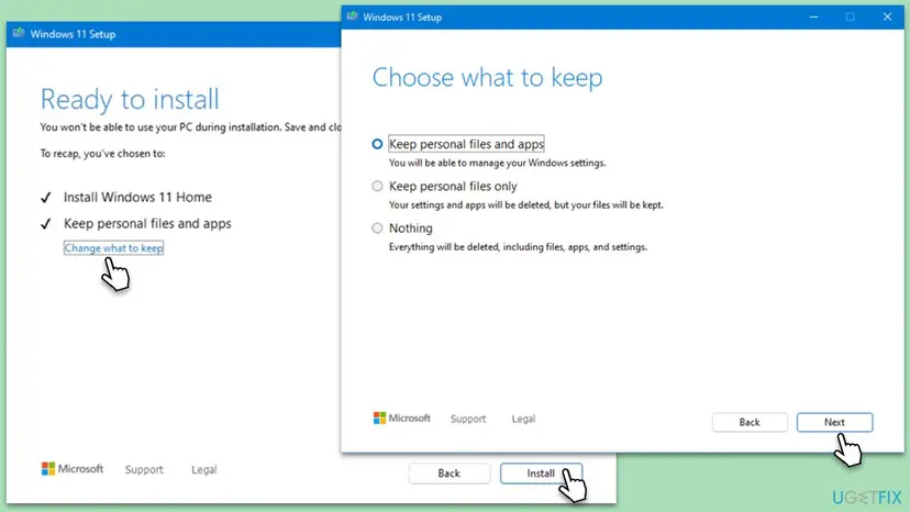 Windows 11 Setup Ready to install page with Keep personal files and apps and the Change what to keep link, next to the Choose what to keep page