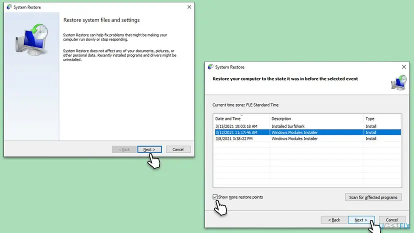 System Restore welcome page with the Next button and the list of restore points with Show more restore points ticked and a Windows Modules Installer point selected