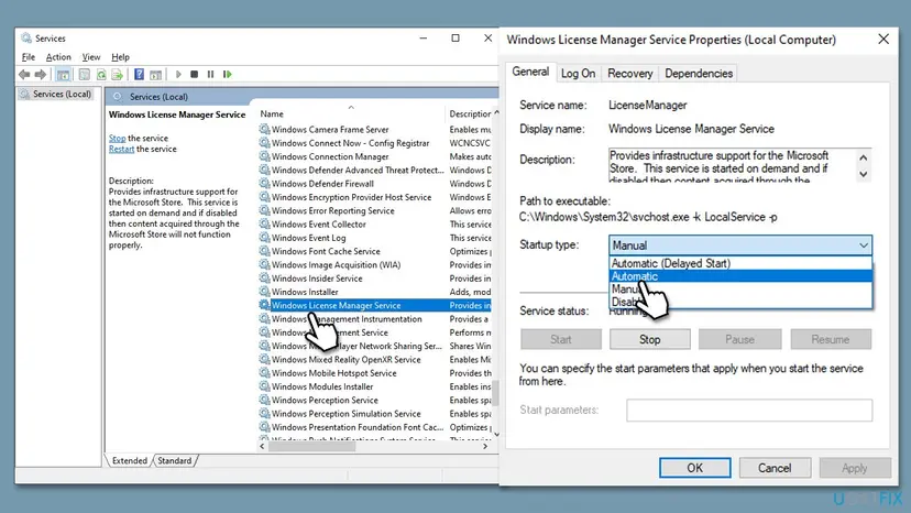 Services window with Windows License Manager Service open in Properties and its Startup type set to Automatic