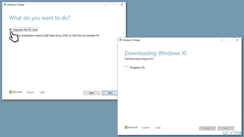 Windows 10 Setup wizard with Upgrade this PC now selected and the next page downloading the needed files