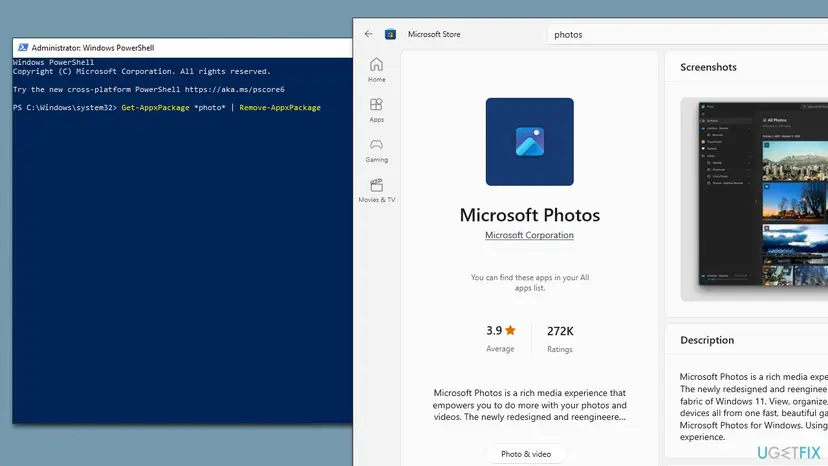 PowerShell window with the command that removes the Photos app next to the Microsoft Photos page in Microsoft Store