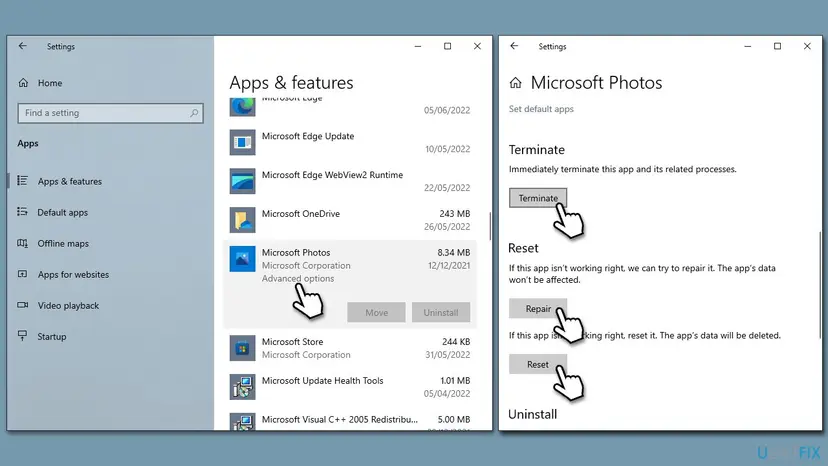 Windows Settings showing Apps and features with Microsoft Photos selected and its advanced options with the Terminate, Repair and Reset buttons