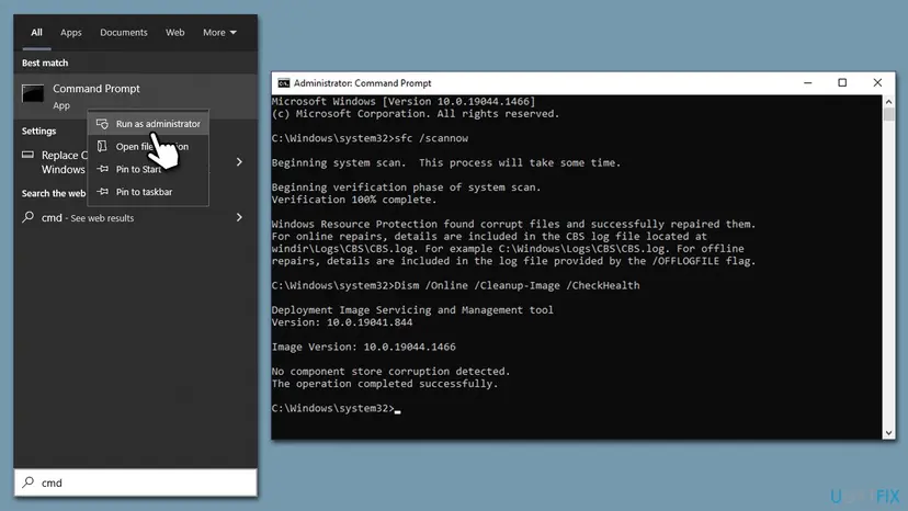 Command Prompt search result with Run as administrator and an administrator console running sfc /scannow and the DISM commands