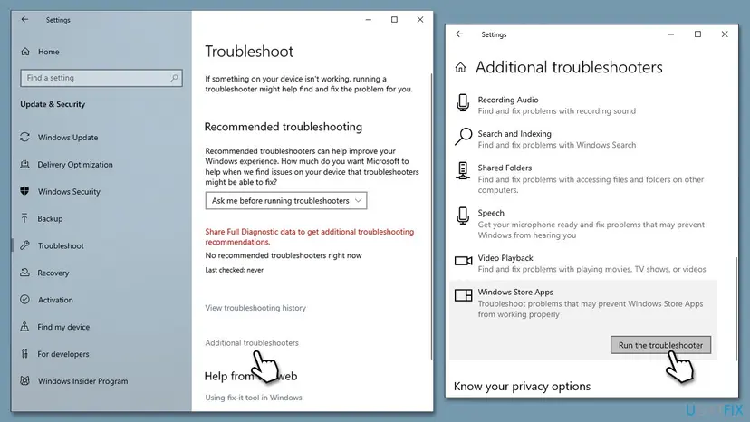 Windows 10 Settings Troubleshoot page and the Additional troubleshooters page with Windows Store Apps selected