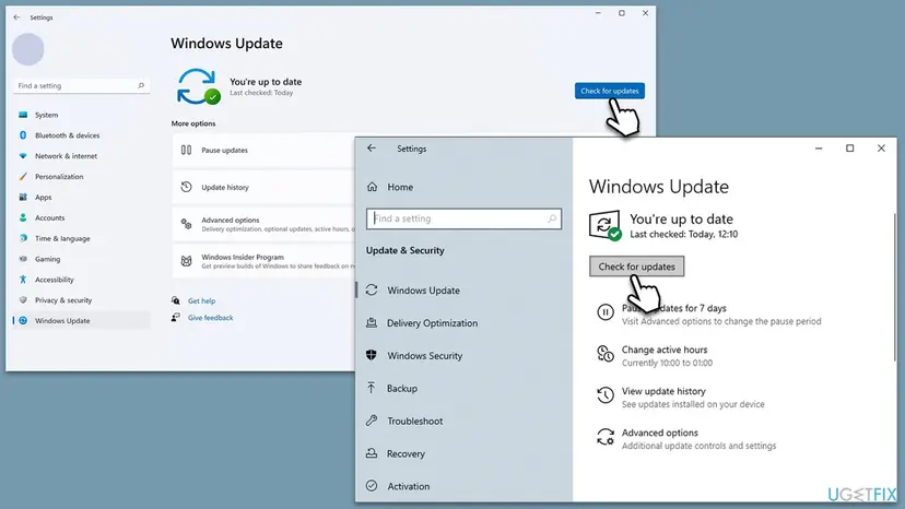 Windows Update settings windows in Windows 11 and Windows 10 side by side with the Check for updates button highlighted