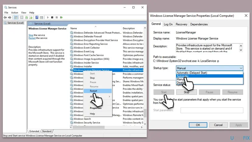 Windows Services list with Windows License Manager Service selected and Restart in its menu, next to its Properties window with the Startup type list and the Start button