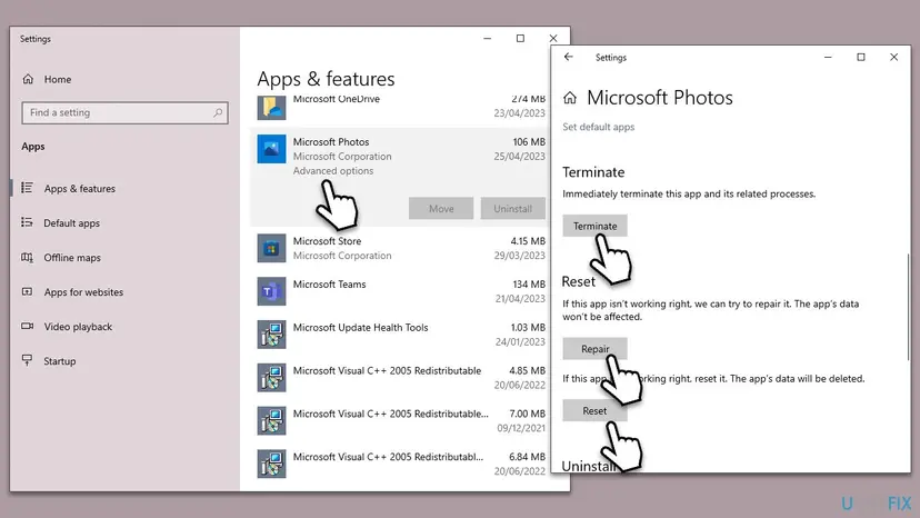 Windows 10 Settings at Apps and features with Microsoft Photos selected, next to its Advanced options page with the Terminate, Repair and Reset buttons