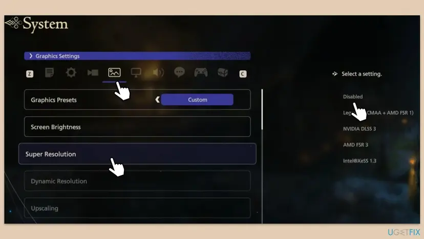 Final Fantasy XVI System menu on the Graphics Settings tab with Super Resolution selected and its modes Disabled, Legacy, NVIDIA DLSS 3, AMD FSR 3 and Intel XeSS 1.3