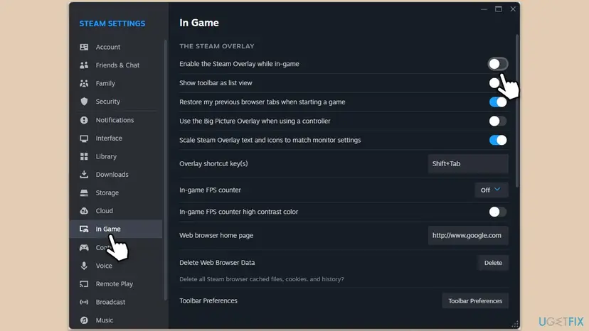Steam Settings window on the In Game page with Enable the Steam Overlay while in-game turned off