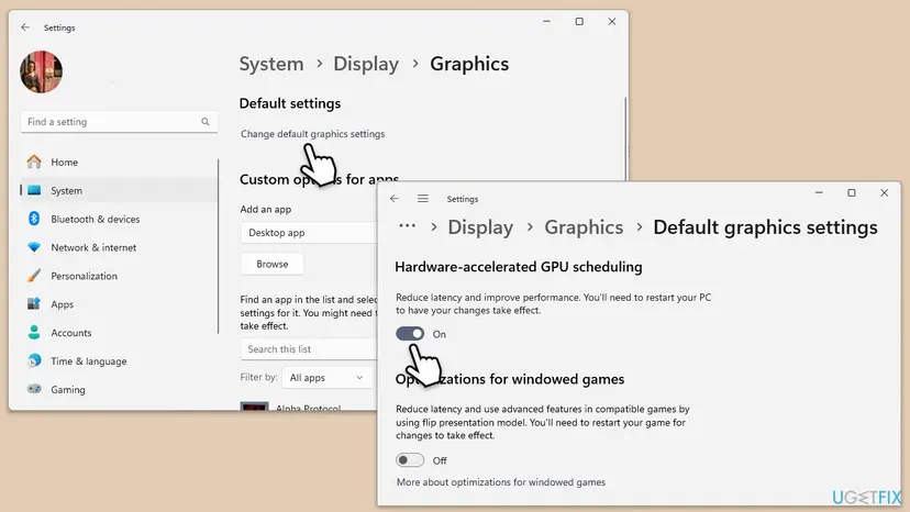 Windows 11 Settings at System, Display, Graphics, Default graphics settings with the Hardware-accelerated GPU scheduling switch