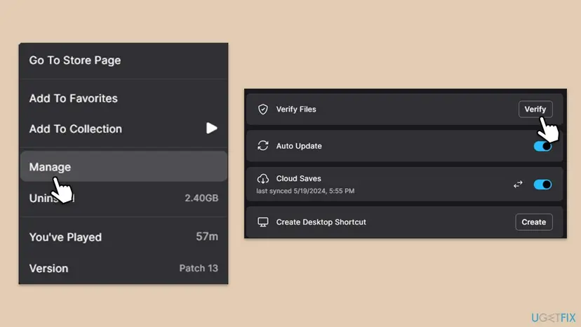 Epic Games Launcher game menu with Manage selected and the Verify Files row with its Verify button