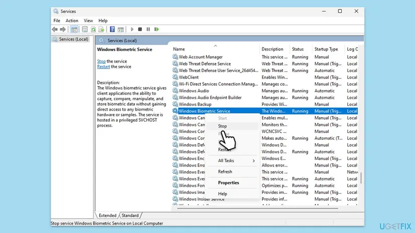 Services window on Windows 11 with Windows Biometric Service selected and its right-click menu pointing at Stop