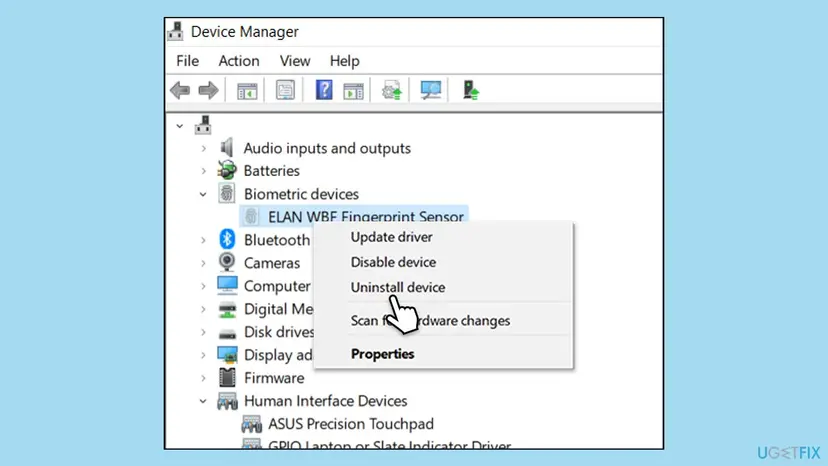 Device Manager with Biometric devices expanded and the ELAN WBF Fingerprint Sensor right-click menu pointing at Uninstall device