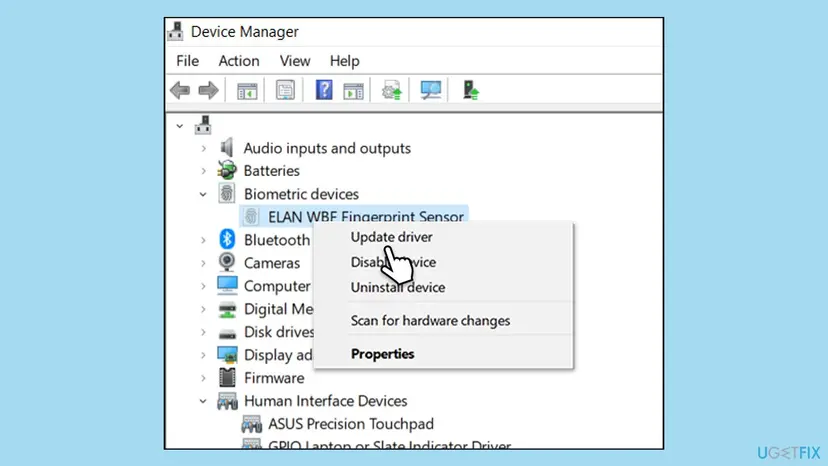 Device Manager with Biometric devices expanded and the right-click menu of the fingerprint sensor showing Update driver