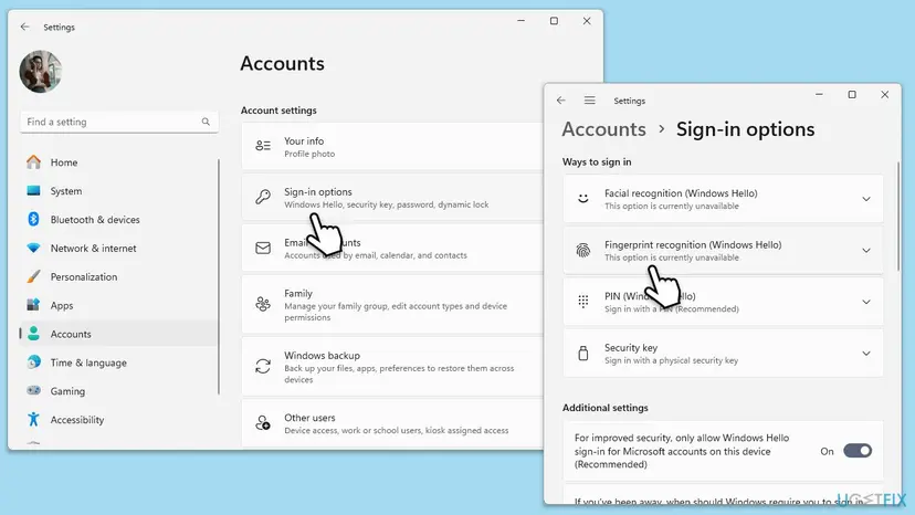 Windows 11 Settings with Accounts open and the Sign-in options page listing Facial recognition, Fingerprint recognition (Windows Hello), PIN and Security key