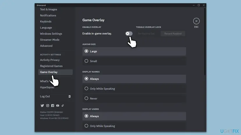 Discord User Settings with the Game Overlay page open and the Enable in-game overlay switch turned off