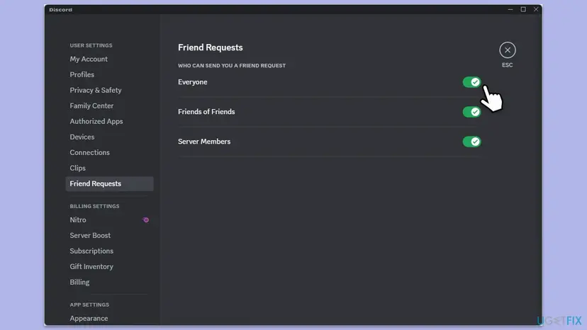 Discord User Settings Friend Requests screen with toggles for Everyone, Friends of Friends, and Server Members