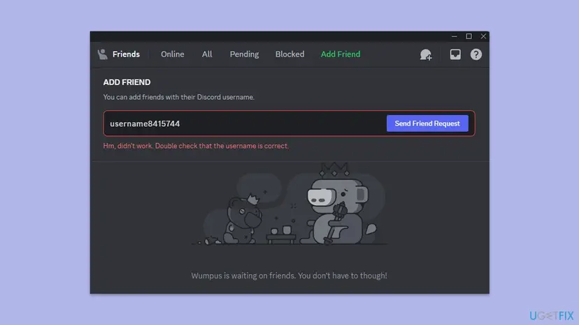 Discord Add Friend window displaying an incorrect username error message