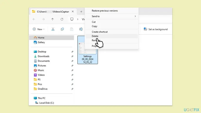 File Explorer open at Videos Captures with a saved clip selected and the right-click menu showing Cut, Copy and Delete