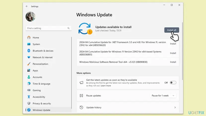 Windows 11 Settings at Windows Update with cumulative updates available to install and the Install all button