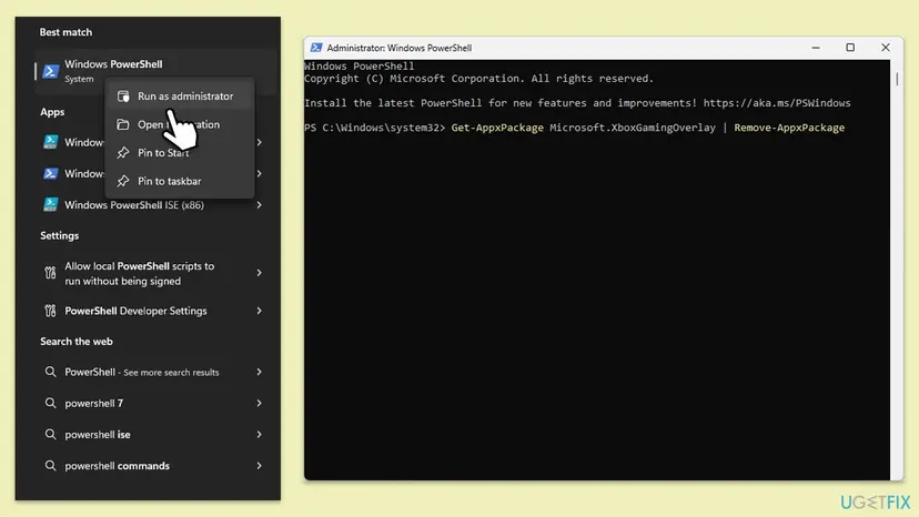 Windows PowerShell opened as administrator with the command Get-AppxPackage Microsoft.XboxGamingOverlay piped to Remove-AppxPackage