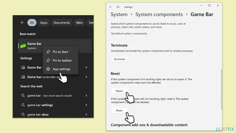 Windows 11 Settings at System components, Game Bar, with the Terminate, Repair and Reset buttons and Game Bar App settings in Start search