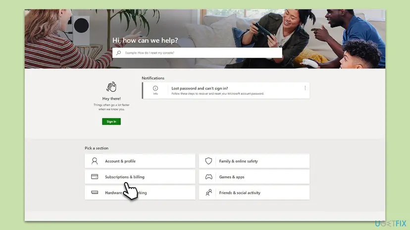 Xbox Support website with the Hi how can we help search box, a Sign In button and sections such as Subscriptions and billing and Account and profile