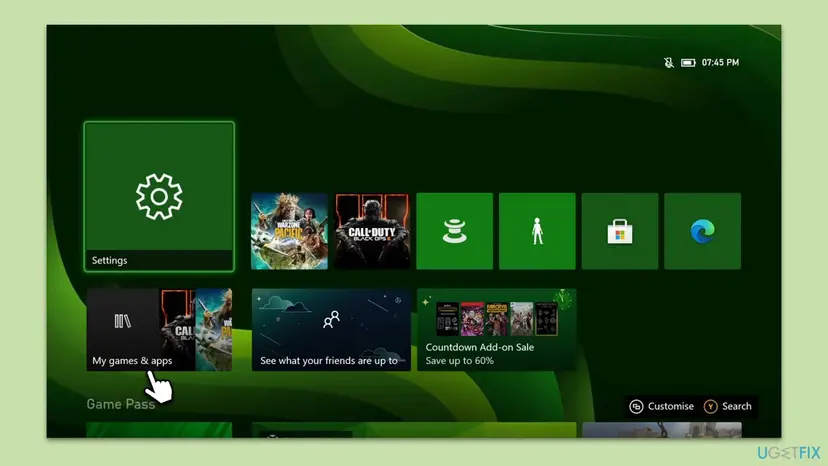 Xbox console home screen with the Settings tile, game tiles and the My games and apps tile marked, with the Game Pass row below