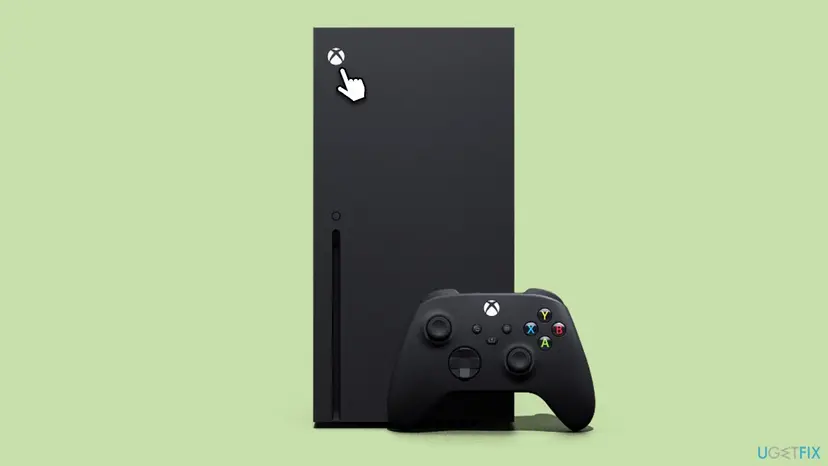Xbox Series X console with a hand pointing at the Xbox power button on the front, next to an Xbox wireless controller