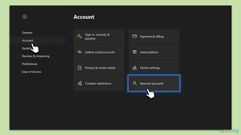 Xbox console Settings, Account page with Sign-in security and passkey, Payment and billing, Subscriptions, Family settings and Remove accounts tiles