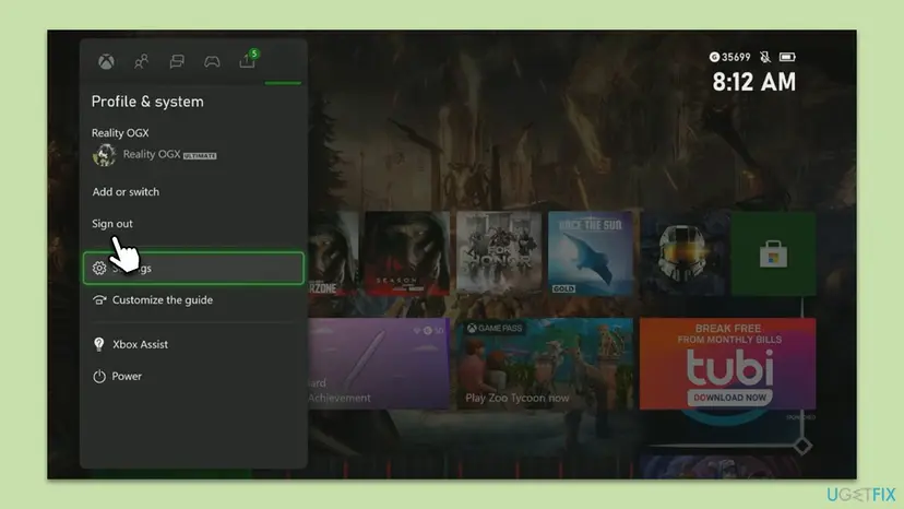 Xbox guide opened on Profile and system with the signed-in gamertag, Add or switch, Sign out, Settings, Customize the guide, Xbox Assist and Power