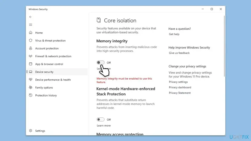 Windows Security Core isolation page on Windows 11 with the Memory integrity switch and Kernel-mode Hardware-enforced Stack Protection below it