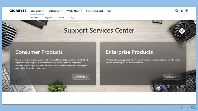 Gigabyte Support Services Center web page with Consumer Products and Enterprise Products tiles and the Service/Support menu