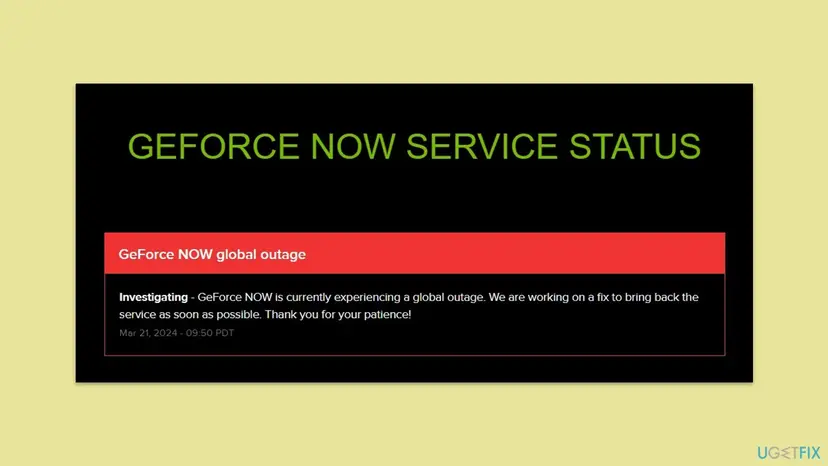 GeForce NOW Service Status page with a red banner GeForce NOW global outage and the note Investigating