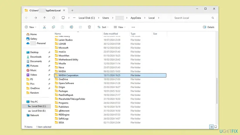 File Explorer at C:\Users\name\AppData\Local with the folder NVIDIA Corporation selected in the list