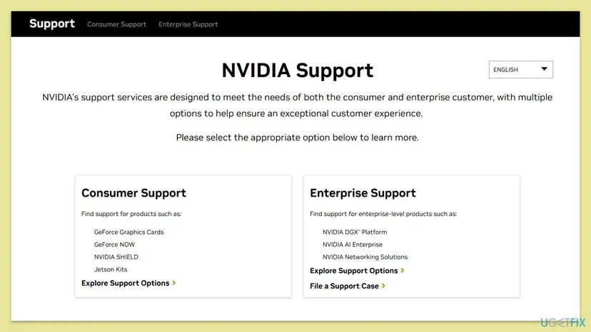 NVIDIA Support page with two boxes, Consumer Support listing GeForce NOW and Enterprise Support, each with its support options link
