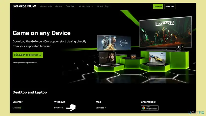 GeForce NOW download page with the Launch on Browser button and the Download link under Windows
