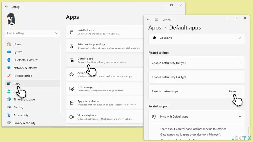 Windows 11 Settings, Apps, Default apps page with the related settings Choose defaults by file type, Choose defaults by link type and Reset all default apps