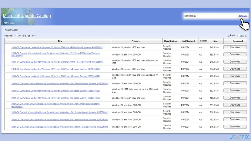 Microsoft Update Catalog search results for a KB number with a list of cumulative updates, their products, sizes and Download buttons