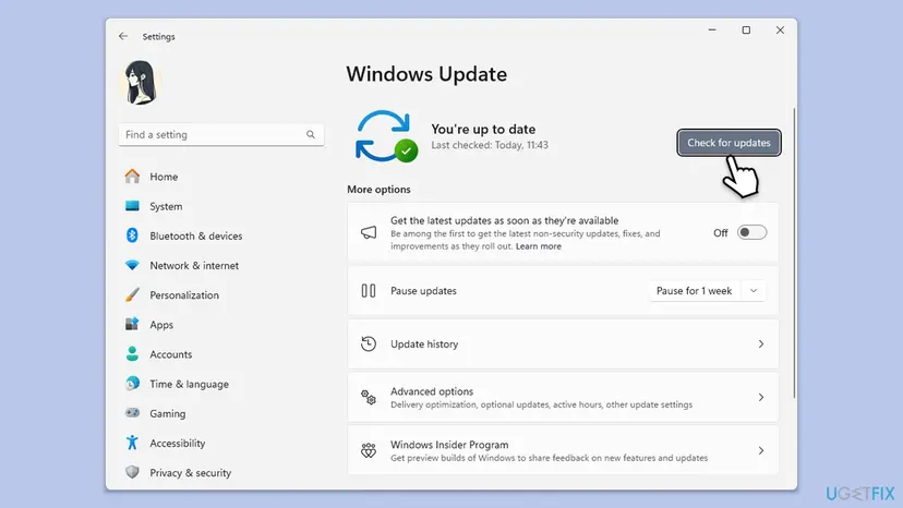 Windows 11 Settings on the Windows Update page with the Check for updates button, Pause updates set to Pause for 1 week, Update history and Advanced options