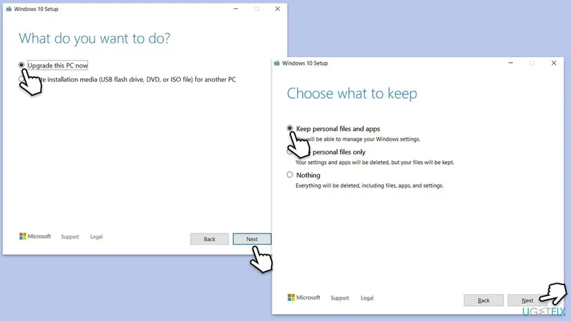 Windows Setup windows What do you want to do with Upgrade this PC now selected, and Choose what to keep with Keep personal files and apps selected