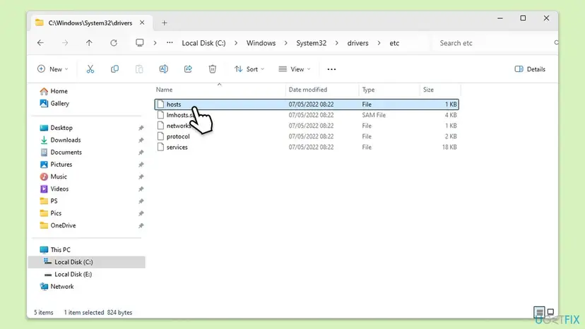 File Explorer open at C:\Windows\System32\drivers\etc with the hosts file selected among lmhosts.sam, networks, protocol and services