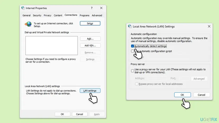 Internet Properties Connections tab with the LAN settings button and the Local Area Network Settings window with the Use a proxy server box unticked