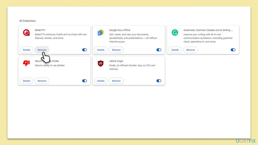 Chrome Extensions page with five extension cards, each with Details and Remove buttons, and a pointer on the Remove button of the first card